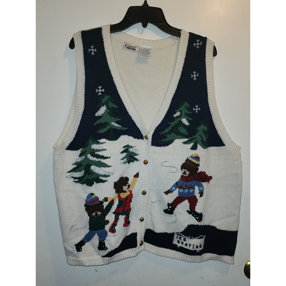 Capacity Woman Vintage Ice Skating Bears Christmas Sweater Vest Navy Cream 3X